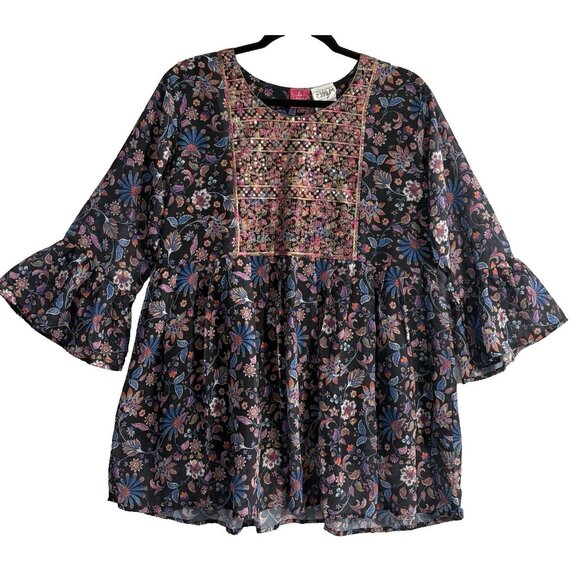 LABISA Tops - LABISA Women Tunic Top Long Ruffle Sleeves Embroidered Lined Sz L Black 5-7